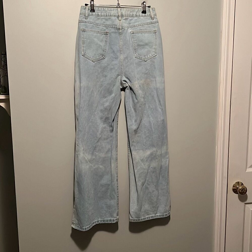 Women's Light Blue Ripped Embellished Side Slit Straight Wide Leg Jeans - Picture 6 of 10
